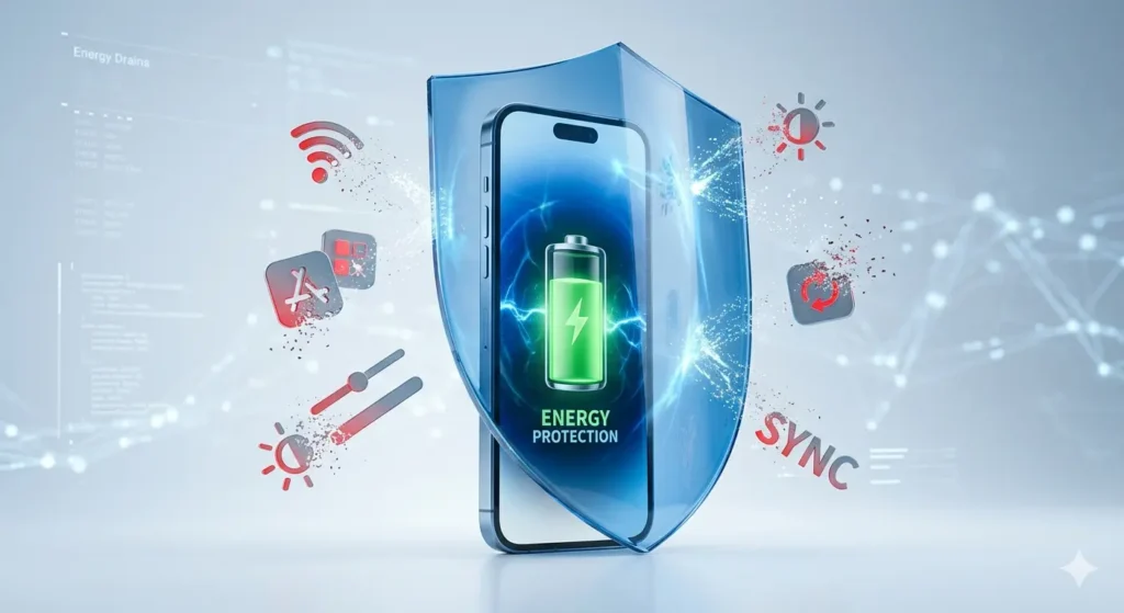 Mobile battery protected by a blue shield from energy draining apps in Mobile Battery Backup Kaise Badhaye solutions
