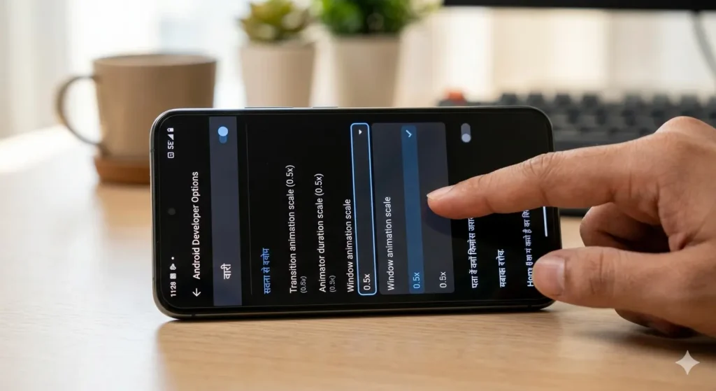 ndroid Developer Options mein window animation scale ko 0.5x par set karna phone fast karne ke liye