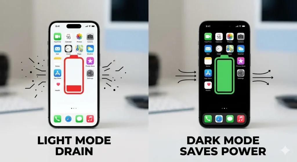 Smartphone screen comparison showing Light Mode draining battery and Dark Mode saving power for Mobile Battery Backup Kaise Badhaye solutions