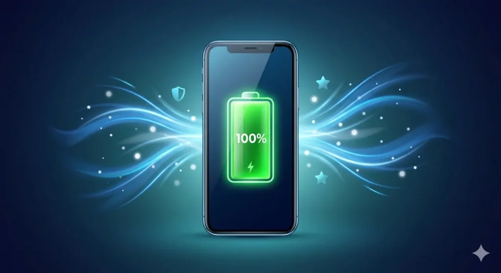 Fully charged optimized smartphone battery indicating perfect Mobile Battery Backup Kaise Badhaye solutions
