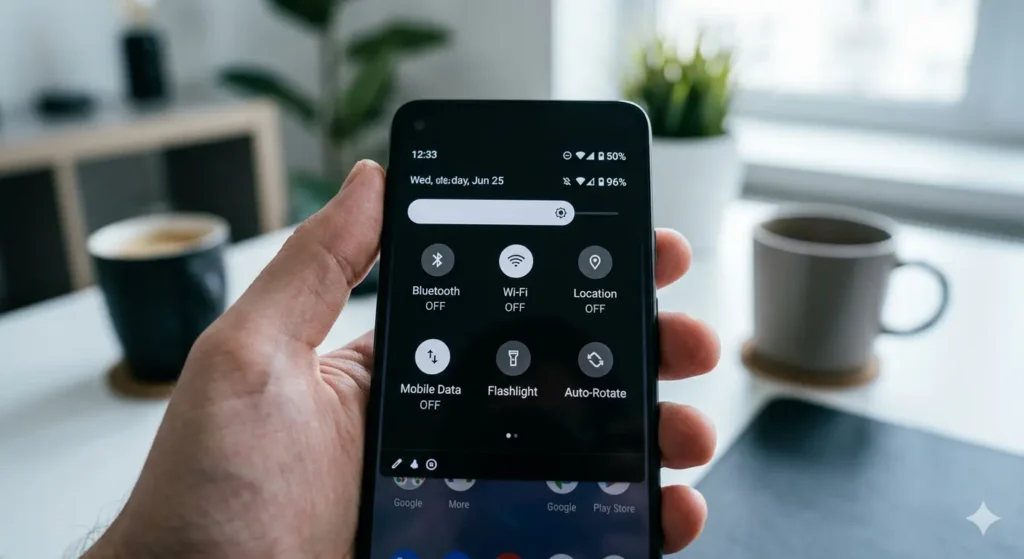 Man turning off Bluetooth Wi-Fi and GPS settings on a smartphone quick panel in Mobile Battery Backup Kaise Badhaye solutions