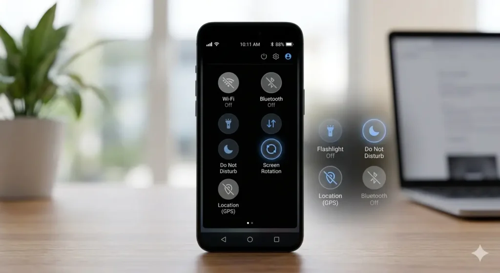 Mobile heating kam karne ke liye Quick Settings mein Bluetooth GPS aur Wi-Fi ko band karna