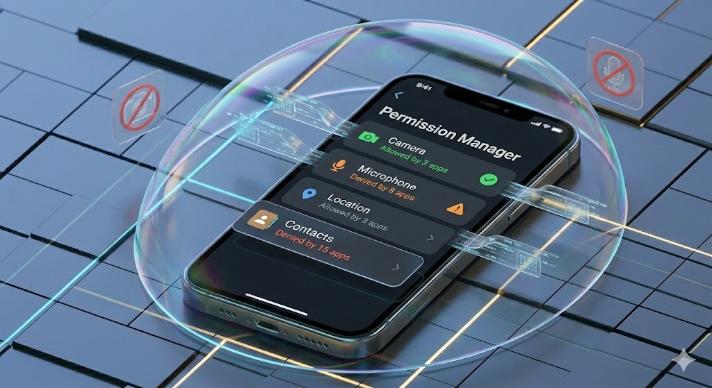 Smartphone Privacy Audit: Apps Ki Jasoosi Kaise Rokein? Android green dot privacy indicator for camera and microphone access.