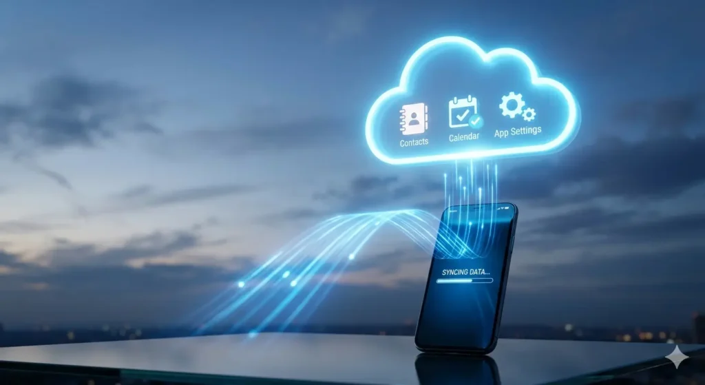 Conceptual rendering of a smartphone syncing data to a glowing cloud icon in a twilight sky, showing icons for Contacts, Calendar, and App Settings.