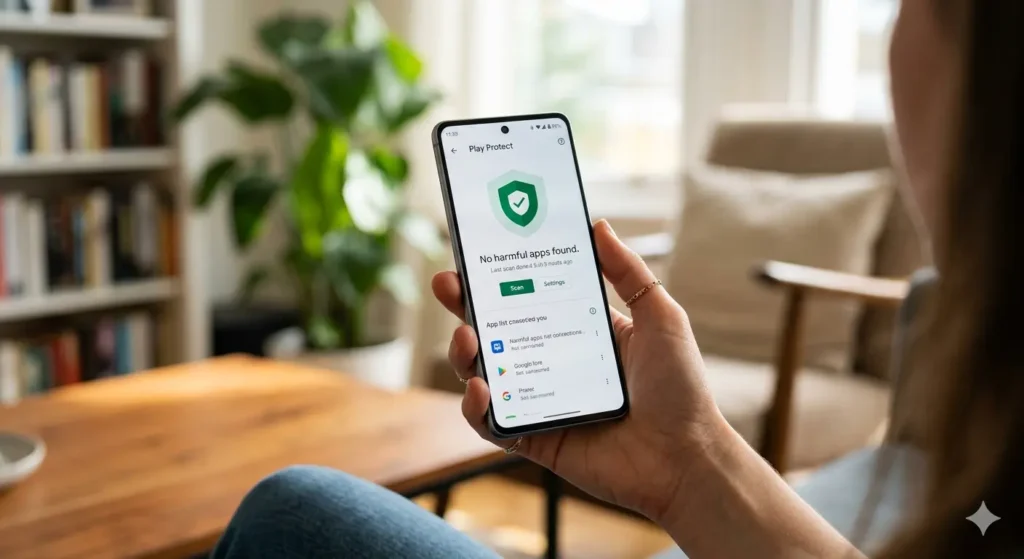 Android phone mein Google Play Protect scan feature jo virus se bachata hai