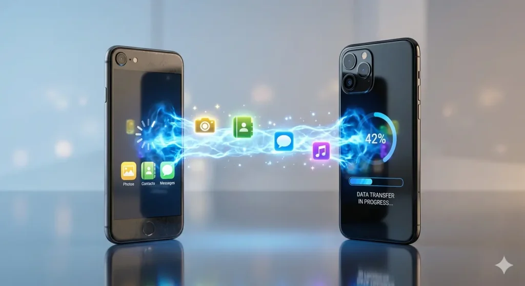 Purane phone se naye phone me data transfer karne ka visual process illustration.