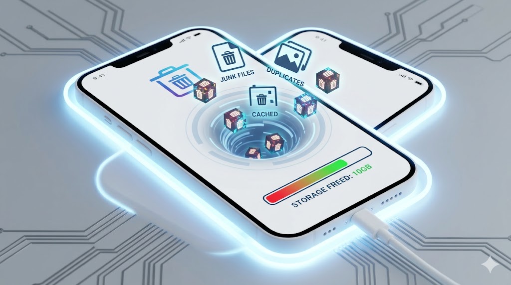 A phone screen displaying junk data icons being sucked into a digital vortex with a green 