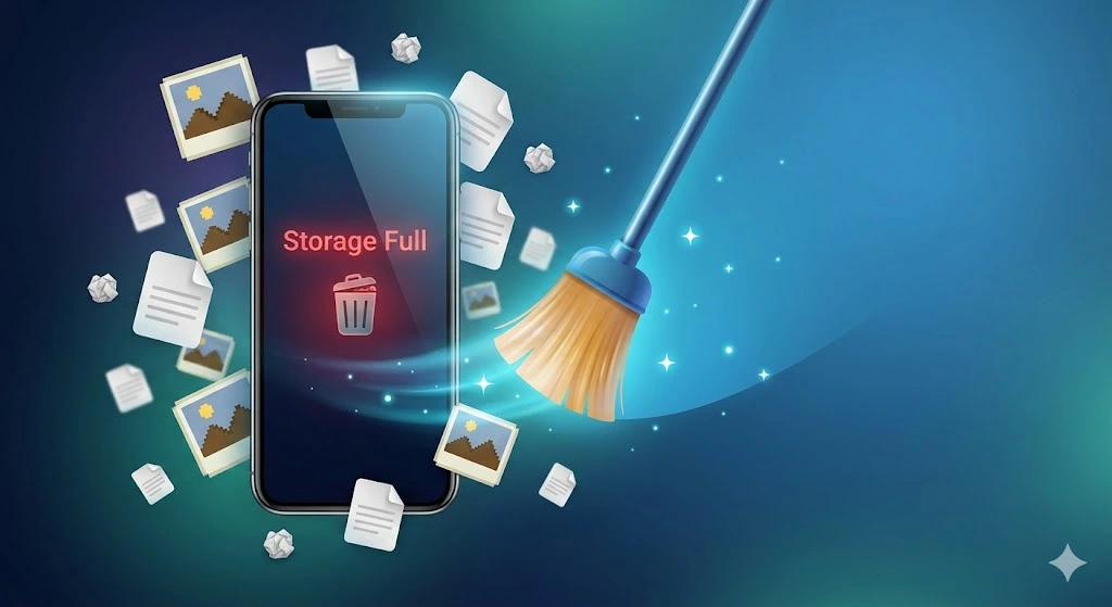 Phone ki Internal Storage Kaise Khali Kare? 10 Pro Tarike Phone ki Internal Storage Kaise Khali Kare warning message aur digital cleaning visual