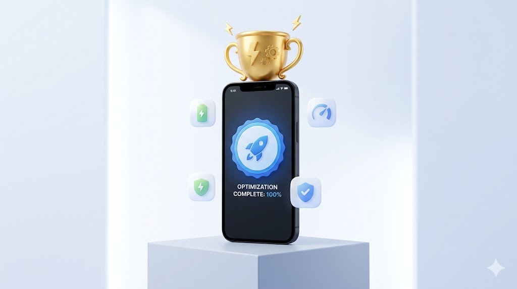 A smartphone with a golden trophy integrated on top, screen displaying 