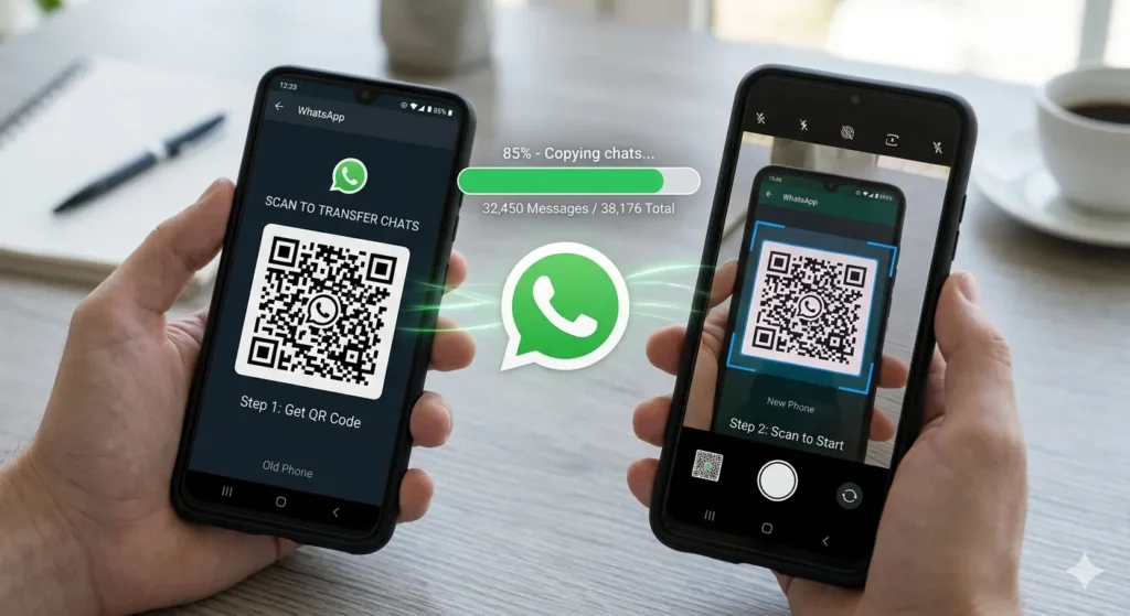 WhatsApp chat transfer process using QR code scan between two smartphones.